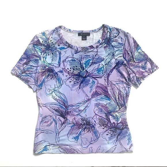 St. John Purple Floral Psychedelic Tee Shirt Top - Picture 1 of 10
